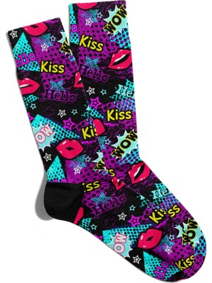 Eğlenceli Çorap Unisex Kiss Hello Popart Baskılı Çorap