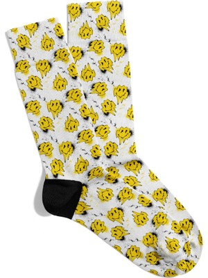 Eğlenceli Çorap Unisex Sarı Smiley Emoji  Popart Baskılı Çorap