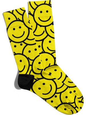 Eğlenceli Çorap Unisex Sarı Gülen Yüzler Desen Baskılı Çorap