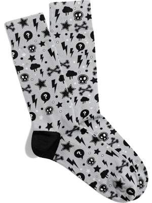 Eğlenceli Çorap Unisexzzz Gri Skull Boom Baskılı Çorap