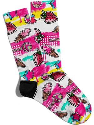 Eğlenceli Çorap Unisex Dondurma Çilek Popart Baskılı Çorap