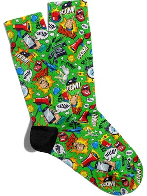 Eğlenceli Çorap Unisex Hello You Yeşil Popart Baskılı Çorap