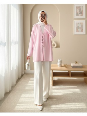 Modamorfo Önü Üç Bağcıklı Keten Kimono -Pudra