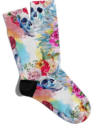 Eğlenceli Çorap Unisex Çiçek Skull Kuru Kafa Baskılı Çorap