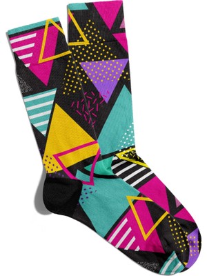 Eğlenceli Çorap Unisex  Bej Sarı Geometrik Cizgi Desen Baskılı Çorap