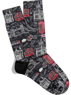 Eğlenceli Çorap  Unisex Siyah London Travel City Baskılı Çorap