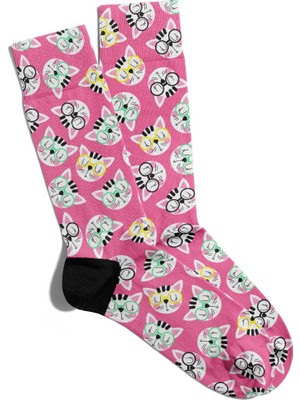 Eğlenceli Çorap Unisex Pembe Cool Kedi Desen Baskılı Çorap