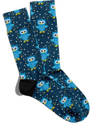 Eğlenceli Çorap Unisex  Mavi Baykuş  Baskılı Çorap