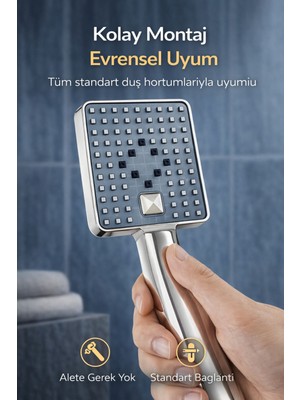 Ahlez Kamelya Kare 3 Fonksiyonlu Tuşlu Ultra Lüx Duş Başlığı El Duşu