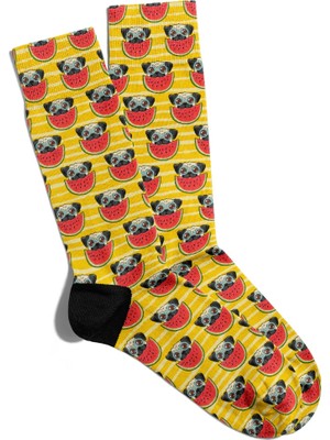 Eğlenceli Çorap Unisex  Karpuz ve Cute Pug Baskılı Çorap