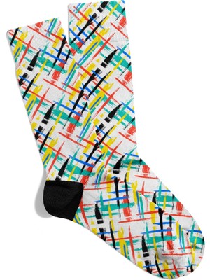 Eğlenceli Çorap  Unisex Beyaz Renkli Çizgi Desen Baskılı Çorap