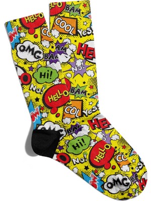 Eğlenceli Çorap Unisex  Omg Hi Hello Popart Sarı Baskılı Çorap