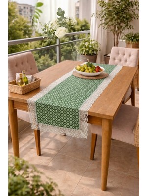 Rona Home Yeşil Dantel Kenarlı Masa Runnerı – Lüks Desenli Salon ve Mutfak Masa Örtüsü