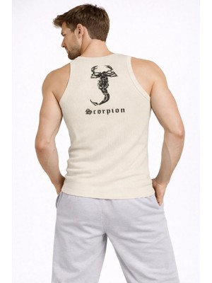 Erkek Fitilli Atlet Sıfır Yaka Slim Fit Arka Baskılı Spor Atlet - Krem