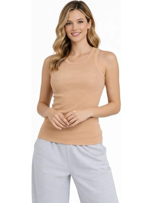 Kadın Fitilli Atlet Sıfır Yaka Slim Fit Arka Baskılı Spor Atlet - Bej