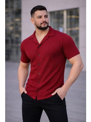 Erkek Waffle Kumaş Kısa Kollu Düğmeli Açık Yaka Regular Fit Gömlek - Kırmızı