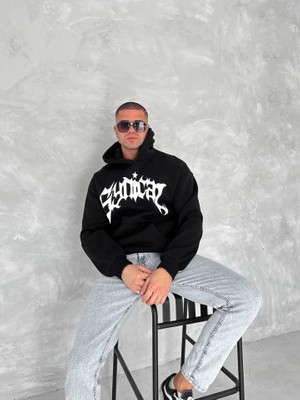 Moda Loris Unisex Üç Iplik Kapşonlu Baskılı Sweatshirt - Siyah