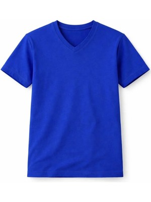 Genç Kız Çocuk V Yaka Tişört Model - Saks Mavisi