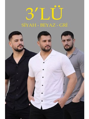 Erkek Waffle Dokuma Açık Yakalı Düğmeli Regular Kalıp 3’lü Gömlek Seti - Siyah, Beyaz, Gri