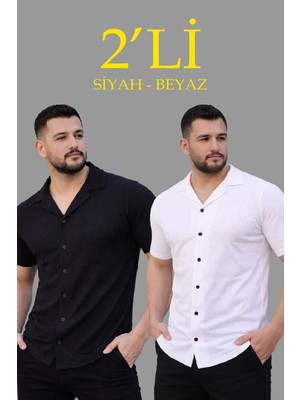 Erkek Waffle Dokuma Açık Yakalı Düğmeli Regular Kalıp 2’li Gömlek Seti - Siyah & Beyaz