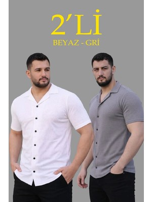 Tarz Yeri Erkek Waffle Dokuma Açık Yakalı Düğmeli Regular Kalıp 2’li Gömlek Seti - Beyaz & Gri