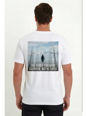 Erkek Oversize Tişört - Sırt Baskılı "survivor Penguin" Temalı Felsefi Yazılı - Beyaz