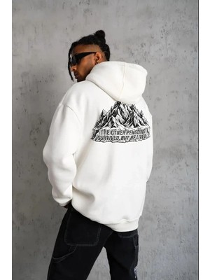 Erkek Nihilist Penguen Temalı Oversize Kapüşonlu Sweatshirt - Beyaz