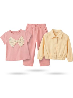 Nk Kız Çocuk 3’lü Takım Pembe Papyonlu Tişört Pantolon Krem Ceket Şık Kombin