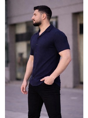 Tarz Yeri Erkek Waffle Kumaş Kısa Kollu Düğmeli Açık Yaka Regular Fit Gömlek - Lacivert