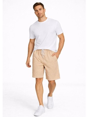 Tarz Yeri Erkek Pötikareli Şort – Beli Lastikli Bağcıklı, Cepli, Rahat Kesim Günlük Yazlık Şort - Bej
