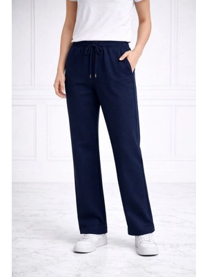 Kadın Düz Paça Beli Lastikli Eşofman Altı Pantolon - Lacivert