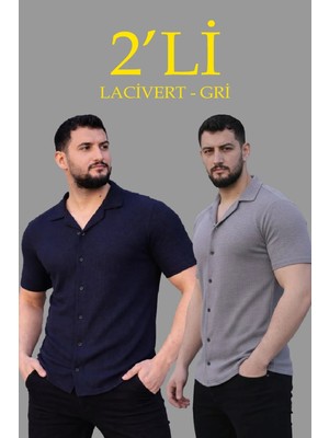 Tarz Yeri Erkek Waffle Dokuma Açık Yakalı Düğmeli Regular Kalıp 2’li Gömlek Seti - Lacivert & Gri