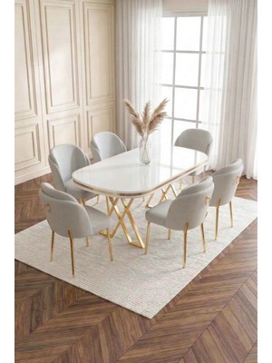 Milano Gold Serisi 90X168 Mdf Masa Metal Ayak Yemek Mutfak Takımı +6 Adet Silinebilir Sandalye
