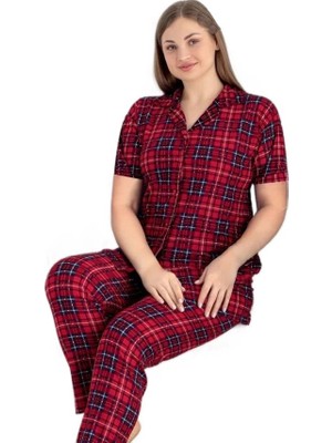 Bipamuk Veluna Gömlek Yaka Büyük Beden Kadın Pijama Takımı Kısa Kol 3xl–6xl