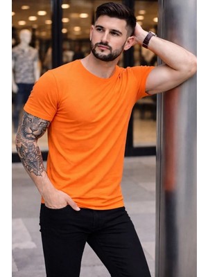 Erkek Bisiklet Yaka Slim Fit Dar Kesim Likralı Tişört - Turuncu