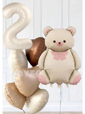 Feyza Design 2 Yaş Retro Krem Rakam ve Ayı Balon Seti - Parti Malzemeleri