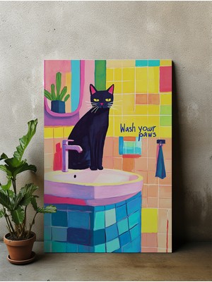 Des Vu Print Wash Your Paws Kedi Posteri, Banyo Temalı Çerçevesiz Poster