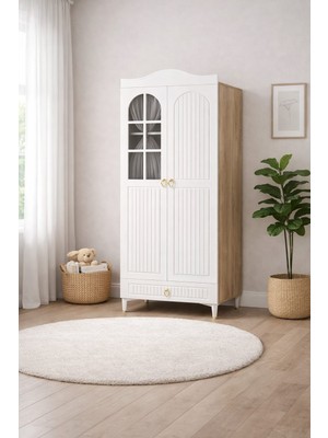Kidy Woody Paris Iki 2 Kapaklı Genç ve Coçuk Dolap - Çekmeceli Gardrop - Mdf Kpaklı - Camlı (200×90×45 Cm)
