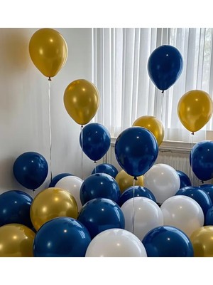 Feyza Design Metalik Gold Lacivert Beyaz Balon Demeti 25'li