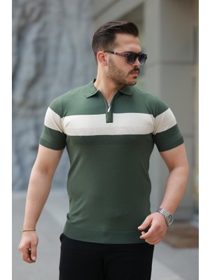 Moda Loris Erkek Fermuar Yakalı Şerit Renk Desenli Kısa Kollu Tişört