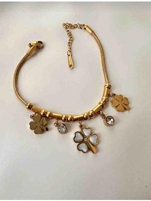 Güneş Takı Kadın Gold Renk 316L Çelik  Model Yoncalı Bileklik