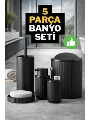 Eco Lounge 5 Parça Siyah Çizgili Banyo Seti – Çöp Kovası, WC Fırçası, Sıvı Sabunluk ve Diş Fırçalık Modern Banyo Aksesuar Seti