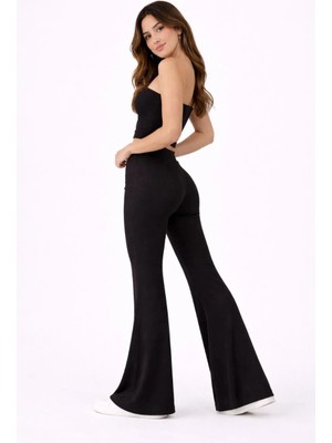 Kadın Fitilli Kaşkorse Ispanyol Paça Tayt Yüksek Bel Esnek Günlük Rahat Pantolon - Siyah