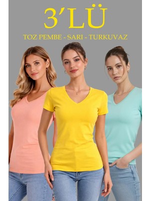 Kadın 3'lü V Yaka Tişört – Kısa Kollu Yazlık Slim Fit Body - Toz Pembe, Sarı, Turkuvaz