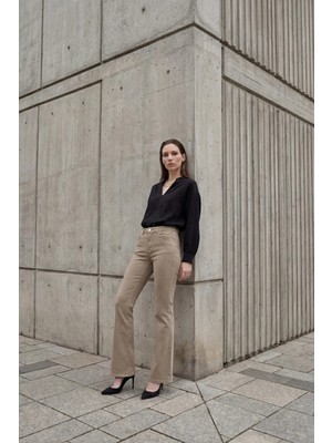 Hiccup Kadın My Fashıon Yüksek Bel Ispanyol Paça Denim Pantolon Deve Kahvesi