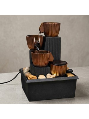 Masaüstü Dekoratif Su Şelale 4 Katlı LED Işıklı Su Şelalesi Gold Aksesuar Ev Ofis Hediyesi Obje USB