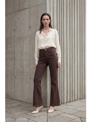 Hiccup Kadın My Fashıon Yüksek Bel Ispanyol Paça Denim Pantolon Kahve Kahvesi