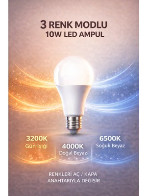 Edison 3 Renk Modlu 10W LED Ampul E27 Duy – Anahtarla Renk Değişen 3 Işık Tek Ampul