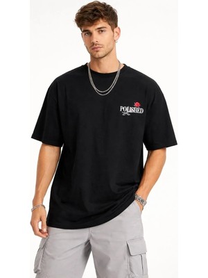 Erkek Bisiklet Yaka Baskılı  Kısa Kollu Tişört Streetwear Günlük Basic Pamuklu T-Shirt - Siyah