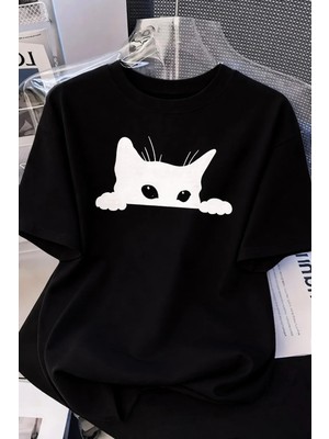 Kadınlar Için Siyah Kedi Grafik Tişört - Oversize Kısa Kollu Üst Nefes Alabilir - Siyah